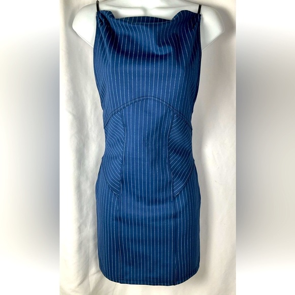 URBAN OUTFITTERS Size SmallCOMPLEX HIGH NECK MINI DRESS  DENIM BLUE JEAN STRIPE - Picture 1 of 10